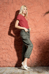 Linen top with short sleeves and frayed edges